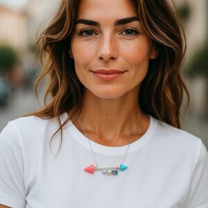 Arrow Teal Pink Rhinestone Necklace‎ Gold Tone NEW in BOX